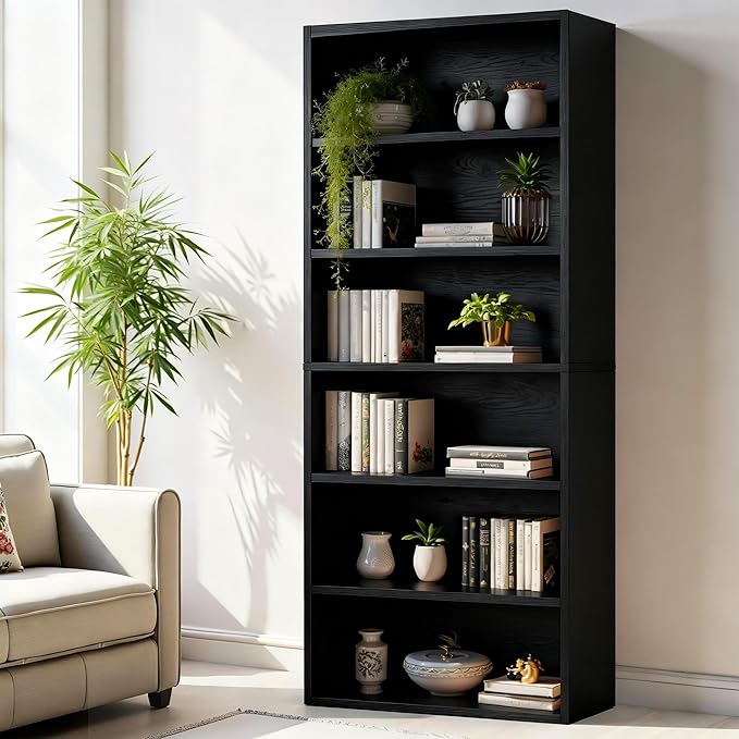 Sweetcrispy Industrial 6 Shelf Bookcase - Large 63 Inch Tall Floor Standing Open Bookshelf for Home Office, Living Room, and Bedroom Storage, Classic Black