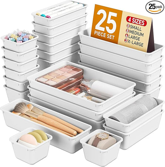 KEMETHY 25 PCS Plastic Drawer Organizers Set, 4 Sizes Vanity Organizer, Makeup and Desk Drawer Organizer Trays, Organization and Storage for Makeup, Bathroom, Kitchen Utensils and Office (White)