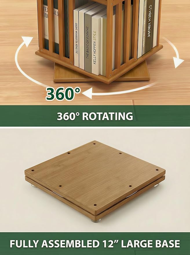 Lauxery Rotating Bookshelf Tower, 6-Tier 360° Bamboo Spinning Bookcase – Narrow Revolving Book Shelf, Floor Standing Space-Saving Storage Book Shelves for Small Space, Corner & Home Office | Walnut