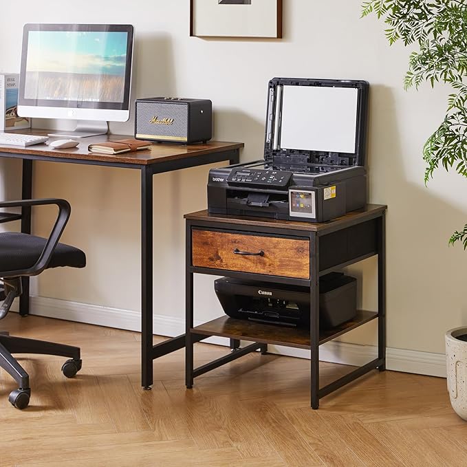 Aibiju Small Table Stand with Drawers, Multi-Functional Side & Printer Accent Table with Storage Shelf, Rustic Brown YD-TM156H