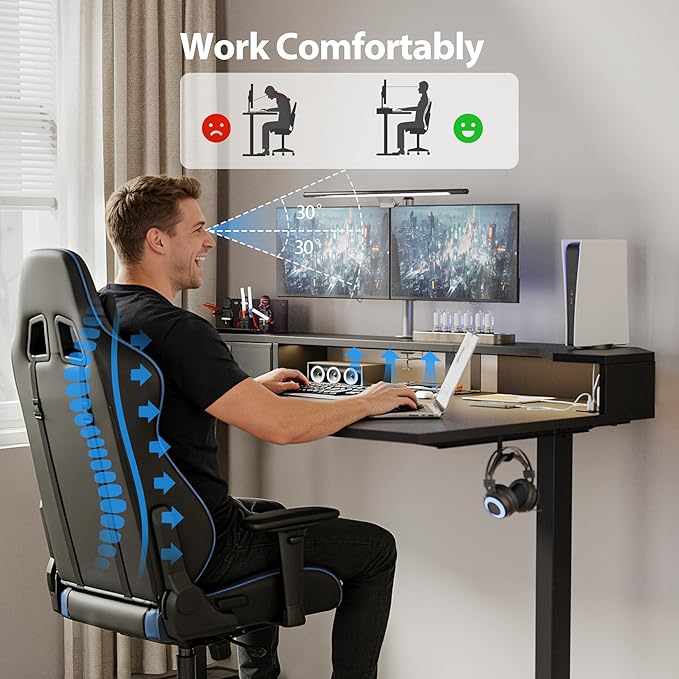 Agilestic 63 Inch L Shaped Electric Standing Desk with Shelf, Height Adjustable Large Desk with Power Outlets & LED, Corner Sit Stand Up Table with Monitor Stand, Computer Workstation, Black