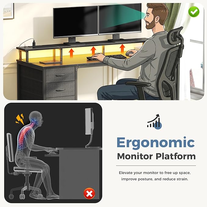 DUMOS Computer Desk with 4 Drawers,4 Drawer Gaming Desk with Power Outlets and LED Lights,Office Desk for Small Spaces with Monitor Shelf,Writing Desk for Home Office, Bedroom,Study 45 Inch Black