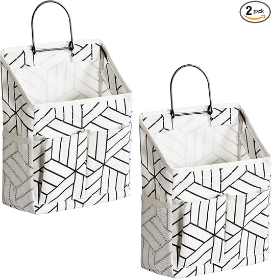2pcs Wall Hanging Storage Bag, Small Door Closet Linen Fabric Pockets Organizer, Waterproof Multi Functional for Living Room Bedroom Bathroom Kitchen RV Camper with Hooks Pattern Whtie