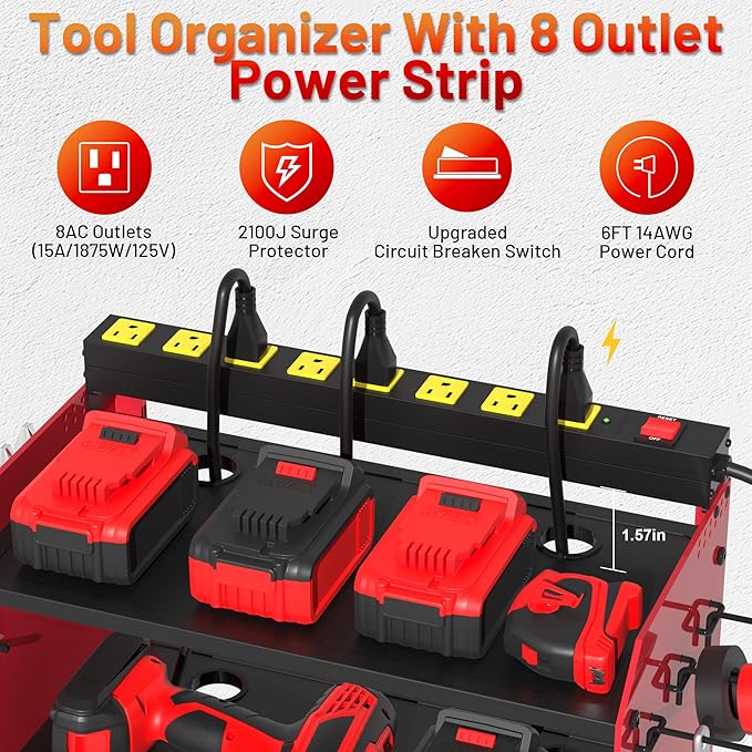 Power Tool Organizer Wall Mount wtih Charging Station,4 Drill Holder Wall Mount with 8 Outlet Power Strip,Heavy Duty Tool Rack with Hooks,Screwdriver Organizer in Garage(Red,3 Layers)