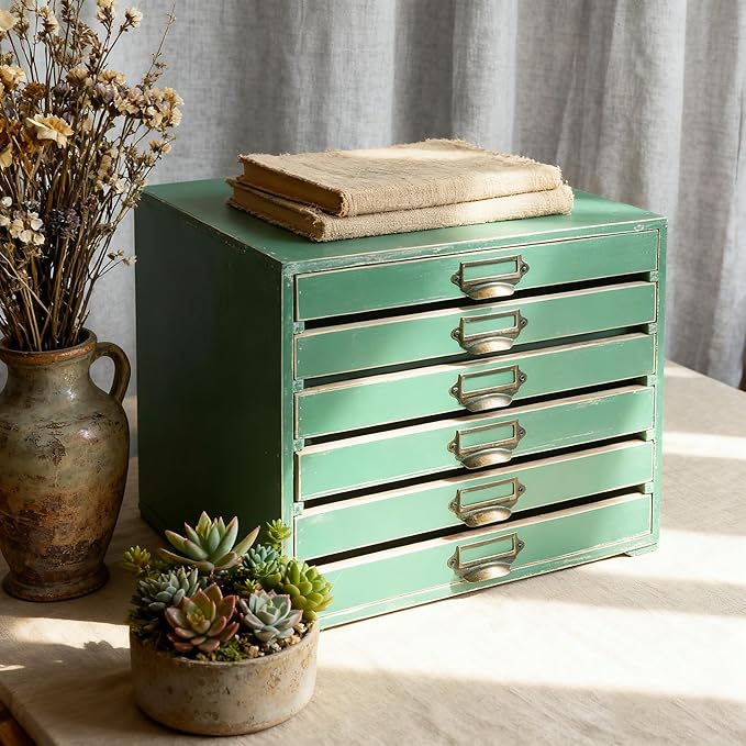 Vintage 6-Drawer Wooden Desktop Organizer Cabinet, Rustic Distressed Wood Card Catalog Cabinet, Antique Storage Box for Jewelry Cosmetics Craft Paper Home Office Decor (Green)