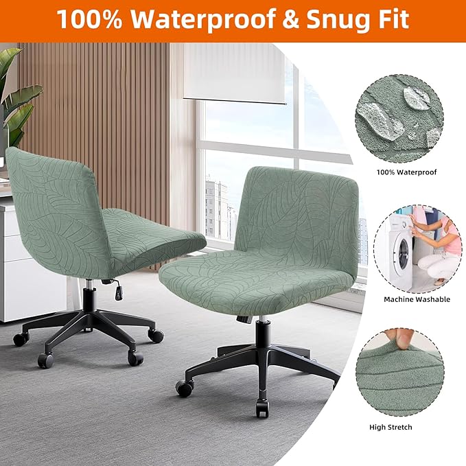 Fuloon Criss Cross Chair Cover, Waterproof, Stretchable, Solid Jacquard, Suited for Armless/Office/Desk/Mid Back Wide Seat/Computer/Task/Vanity/Accent Chair (Leaves -Shaped Jacquard, Green)