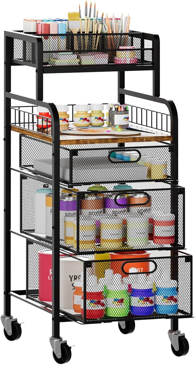 SWTYMIKI Office Rolling Cart with 3 Drawers - Metal Utility Cart with Wood Shelf, DIY Divider and Locking Wheels, Craft & Art Cart Organizer for Under Desk Storage for Home Office Studio, Espresso