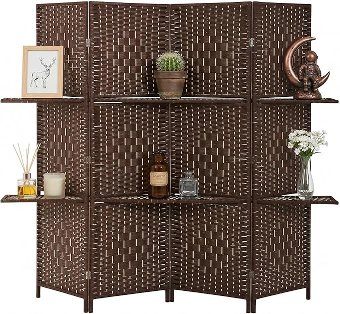 FDW 4 Panel Wood Room Divider - Foldable & Flexible Freestanding Screen, Easy Storage Partition Wall for Home Living Room, Rustic Brown