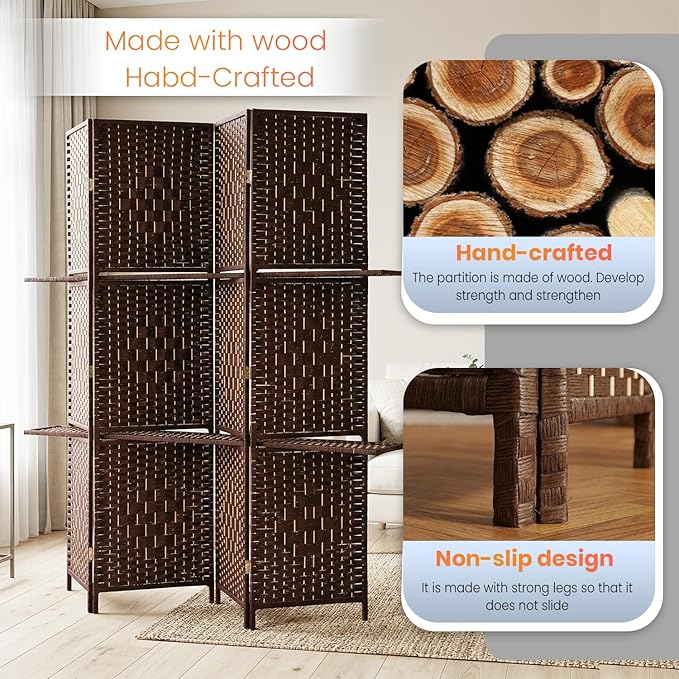 FDW 4 Panel Wood Room Divider - Foldable & Flexible Freestanding Screen, Easy Storage Partition Wall for Home Living Room, Rustic Brown