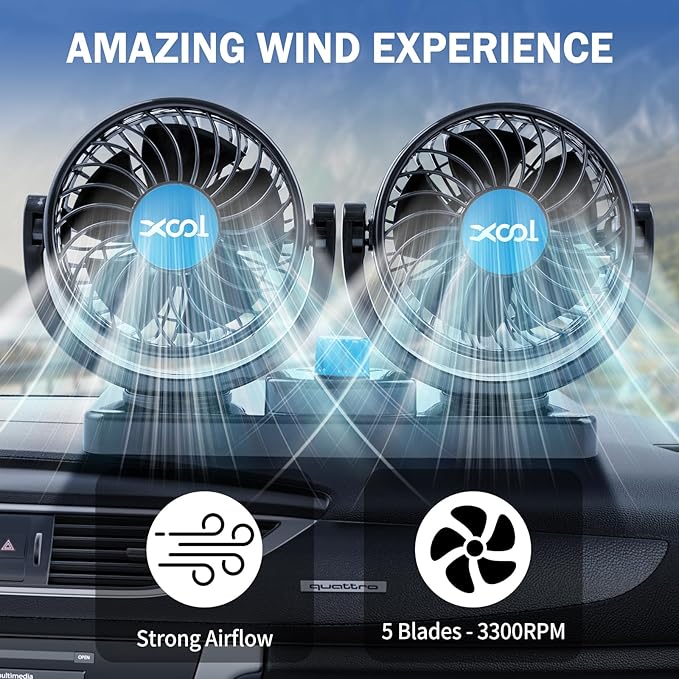 XOOL USB Car Cooling Fans, 2 Speeds Dual Head Car Fan, 360° Rotatable, 5V/2A Powerful Car Fans that Blow Cold Air, Portable Car Fans for Vehicles, SUV, RV, Boat (USB Plug)