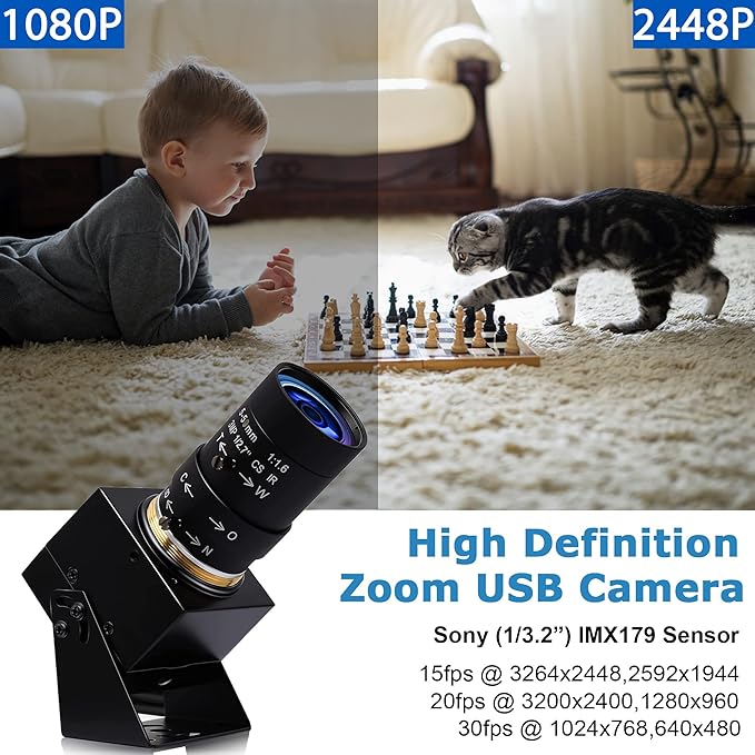 SVPRO 8MP USB Camera, Manual Focus Webcam with Varifocal 5-50mm CS Mount Lens-10X Zoom External Camera for Laptop PC Computer, UVC Plug and Play UVC