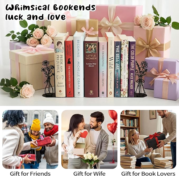 Flower Metal Bookends Decorative Book Ends for Shelves, Cute Book Ends for Home Office Decor Decorative Flower Vase Book Ends for Heavy Books, Book Stopper Ideal Gift for Mother's Day