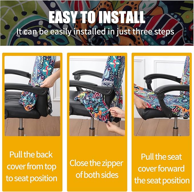 Smiry Stretch Printed Office Computer Chair Covers, Universal Desk Rotating Chair Slipcovers Removable Washable, Soft Fit Anti-Dust Spandex Protector Cover with Zipper, Colorful