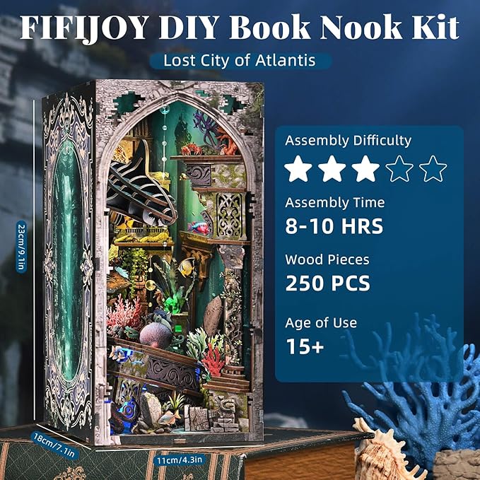 fifijoy Book Nook Kit - DIY Miniature Dollhouse for Adults and Teens, Creative Bookshelf Decor 3D Wooden Puzzle Bookend with LED Light, Unique Gift for Family and Friends (Lost City of Atlantis)