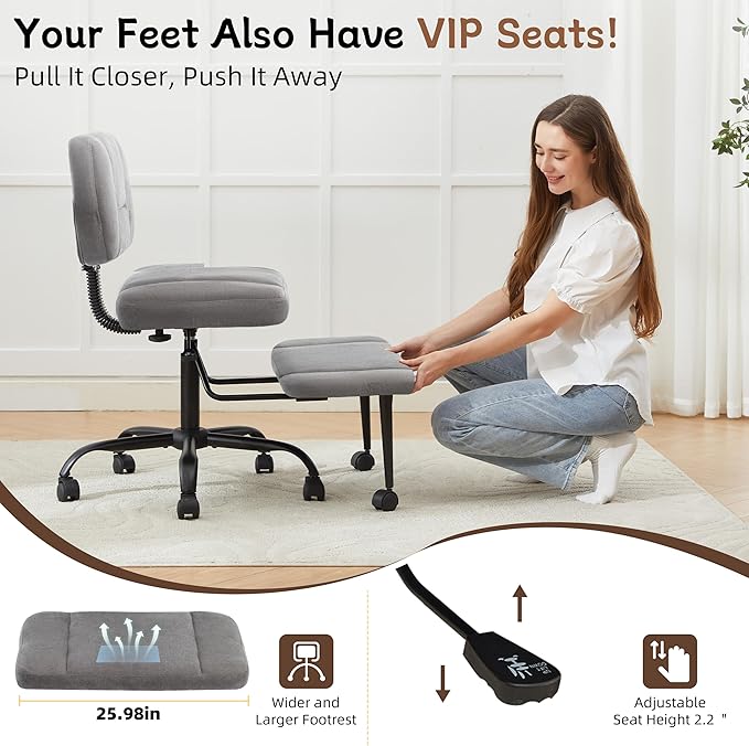 Ergonomic Criss Cross Legged Office Chair, ADHD Chair, 360° Swivel Meditation Kneeling Chair with Wheels, Adjustable Footrest, Bigger & Wider Height Adjustable Seat, Strong Lumbar Support, Greycloth