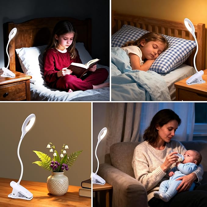 Akynite Desk Lamp LED Clip on Light, 5 Modes 5 Brightness Dimmable Clamp Lamp, Flexible Rechargeable Battery Clip on Reading Light for Bed Headboard Bunk Bed at Night for Kids (White)