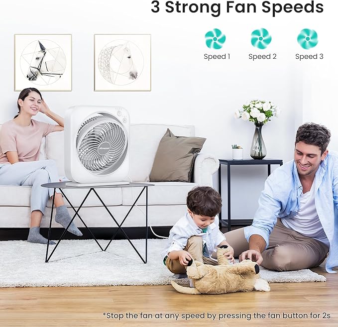 AMACOOL Table Fan, 12 inch Box Fan with 3 Speeds & 8HRS Timer, 270° Pivoting Quiet Air Circulator, Desktop Fan for Bedroom Bathroom Kitchen Office, AC Adapter Included, Co-Branded with Cmyfato-White