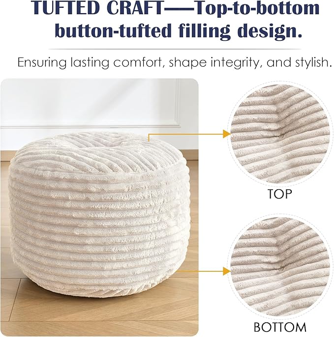 SHOUREN Stuffed Round Pouf Ottoman,Corduroy Foot Rest with Shredded Foam Filling, Lightweight and Fluffy Pouf Storage Ottoman for Living Room,Floor Poufs for Couch,20"x15", Beige