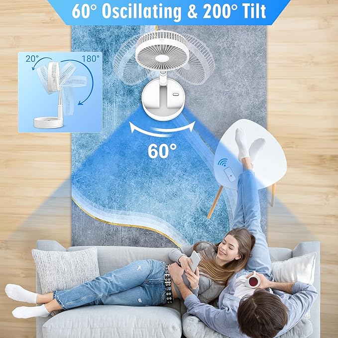 LIPETY Portable Foldable Rechargeable Oscillating Fan - 8.6" 7200mah Battery Operated USB C Small Fan Remote, Quiet Table Desk Fan Folding Standing Pedestal Fan for Rome Office Camping Travel