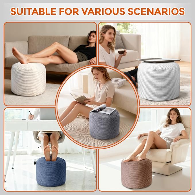 26" x 26" x 18" Pouf Ottoman Foot Rest, Pre-Stuffed Round Foot Stool with Odorless Shredded Memory Foam, Furry & Fluffy Corduroy Footrest for Living Room, Brown