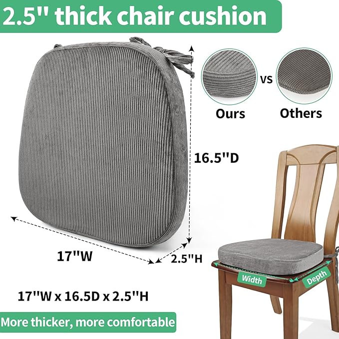 2.5" Thick Chair Cushions for Dining Chair, Corduroy Foam Kitchen Chair Pads, U Shaped Indoor Seat Cushions with Ties & Non-Slip Backing, Removable Washable Cover, 17''x16.5'', Set of 4, Grey