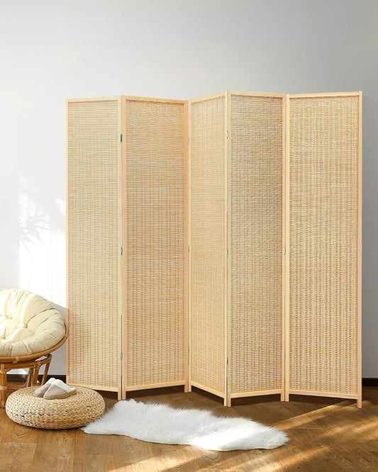 JOSTYLE Room Divider Folding Privacy Screen, 5 Panel Room Dividers 6 ft. Tall Bamboo Partition Wall Separation Dividers Freestanding, 70.9" H x 99" W