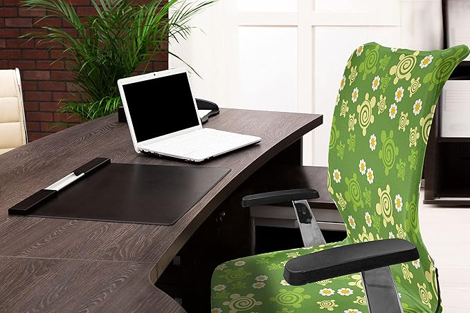 Ambesonne Turtle Office Chair Cover, Spring Revival Inspiration Chamomile Illustration and Vortex Flower Design, Stretchable Decorative Universal Size High Back Printed Slipcover, Yellow Green