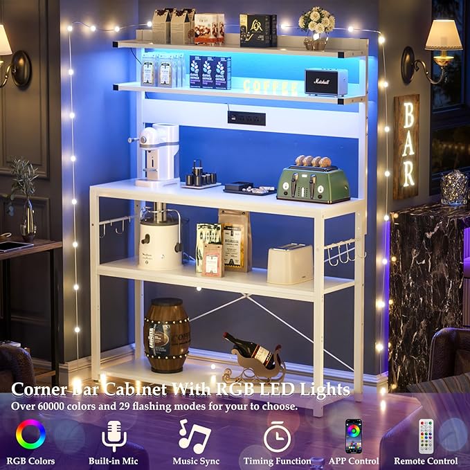 Aheaplus Bakers Rack with Power Outlet, Microwave Stand, 5 Tiers Coffee Bar Station with Led Lights, Kitchen Storage Shelf with 6 S-shaped Hooks, Kitchen Rack Coffee Bar Stand, White