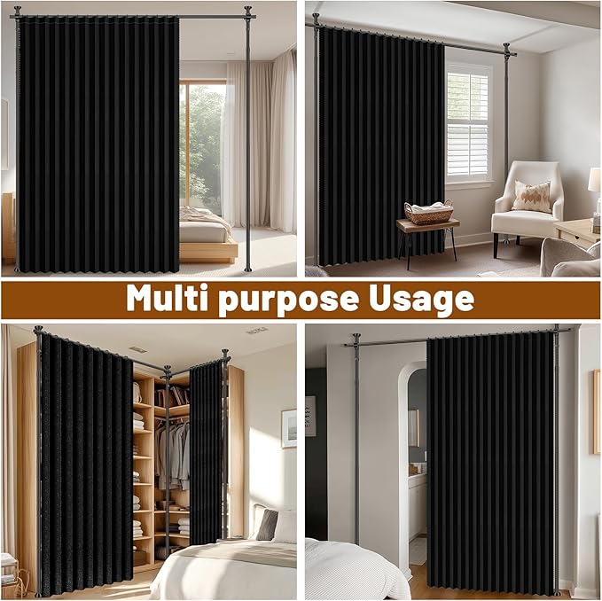 AJAZZ Room Divider Curtain (2 Panels, Black, W100 x L96 in)+ Tension Curtain Rod No Drilling (H) 43-120×(W) 35-200 in, for Privacy/Soundproof Curtains, Heavy Duty Wall Separator