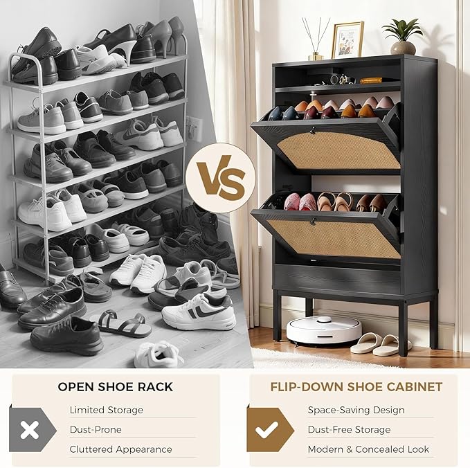 LUCKLIFE Shoe Cabinet with Charging Station, Flip Down Shoe Storage Organizer with Adjustable Shelves, Hidden Slim Shoe Rack with Anti-Tip Kit for Entryway or Hallway, Black Wood - 2 Pack