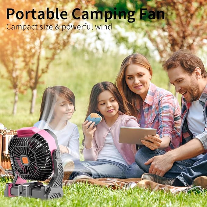 WESTTREE 20000mAh Battery powered fan Camping essentials,Portable fan Battery Operated Rechargeable Tent Fan with Light & Hook X26A Pink