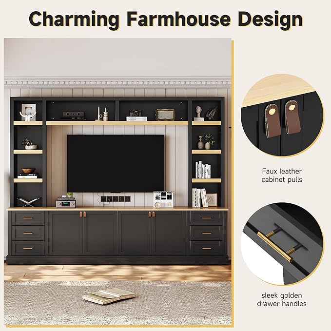 102.3"W Farmhouse 4-Piece Entertainment Center Wall Unit with Adjustable Shelves, Modern Large TV Stand with Bookshelves for TVs Up to 75", Rustic Media Console with 6 Drawers for Living Room, Black