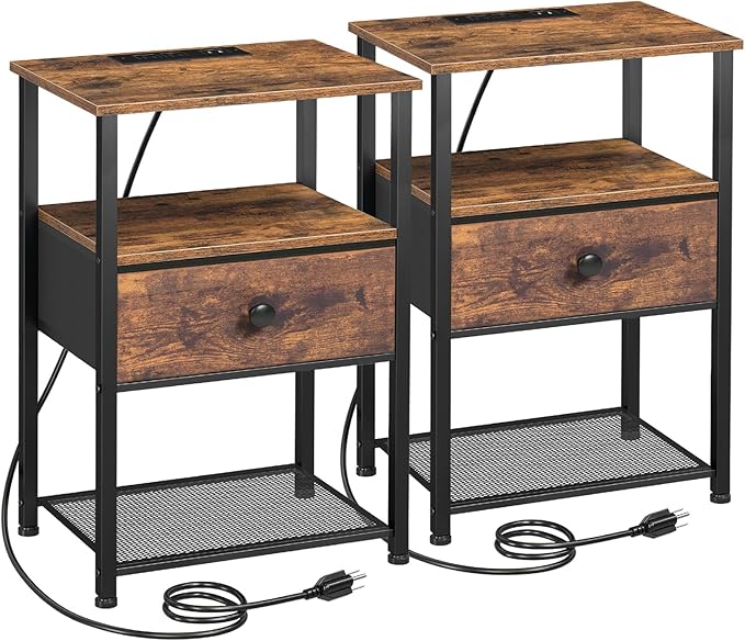 LOAKEKEL Night Stand Set 2, Nightstand with Charging Station, End Tables Living Room with Fabric Drawer for Small Spaces, Bed Side Tables with Storage Shelf for Bedroom, Rustic Brown HETS010PBR