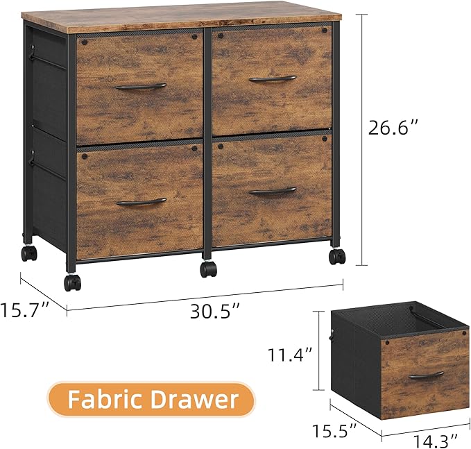 HIGDBFE 4 Drawer Lateral File Cabinet, Mobile Filing Cabinet for Large Printer, Home Office Functional Office Storage Cabinet & Printer Stand, Fits Letter/A4, 30.5'', Rustic Brown