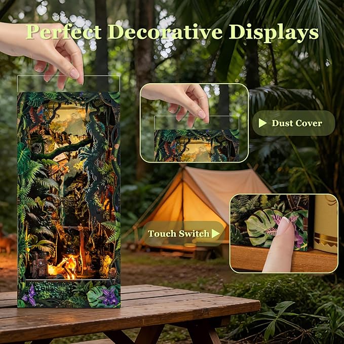 fifijoy Jungle Adventure Book Nook Kit - DIY Miniature Dollhouse Booknook for Adults, 3D Wooden Puzzle Bookend Bookshelf Decor with LED Light and Sound Effects, Creative Gift for Family, Friends