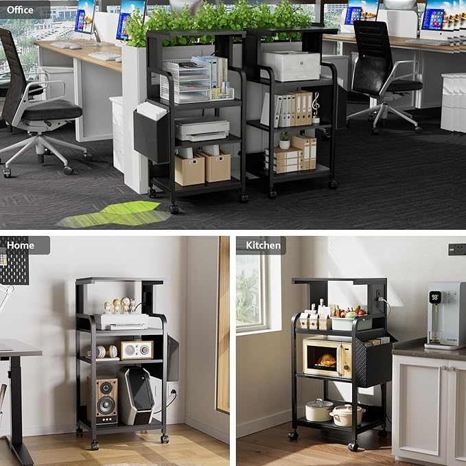 Tall Printer Stand with Storage, 4-Tier Mobile Printer Cart with Adjustable Shelf & Side Bag, Heavy Duty Printer Table with Built-In Charging Station for Home Office, Fits Scanner, Fax Machine, Grey