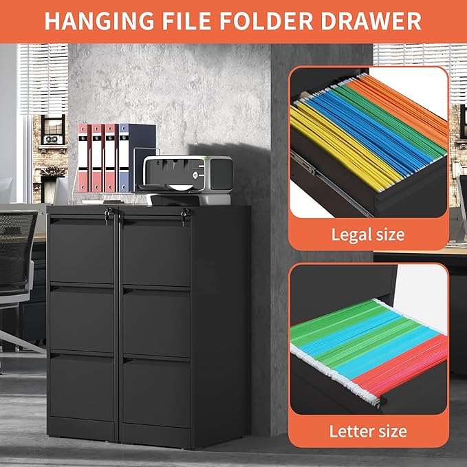 IKIMI 3 Drawer File Cabinet,Metal Filing Cabinets for Home Office,Vertical File Cabinet with Lock,Heavy Duty Metal Storage Cabinet for A4/Letter/Legal Size Files,Assembly Required
