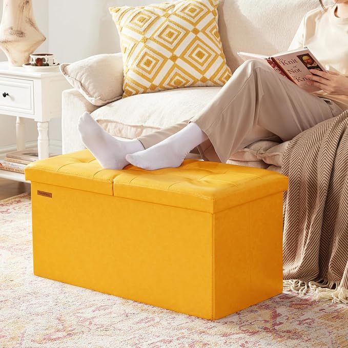 HAUSFRAU - 30 Inches Storage Ottoman Bench with Flipping Lid, Foldable Storage Chest Foot Rest for Living Room, Bedroom, Entryway, Load 660 lb, Synthetic Leather, Yellow