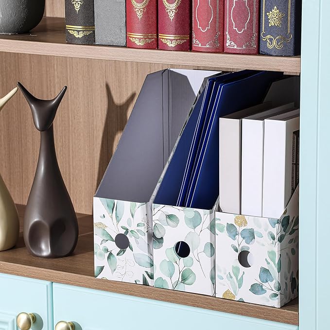 PerKoop 6 Pcs Decorative Magazine File Holders Floral Foldable File Folders Magazine Storage Boxes Rack Desk Organizer Documents with Printable Labels for School Office Home (Eucalyptus Leaves)