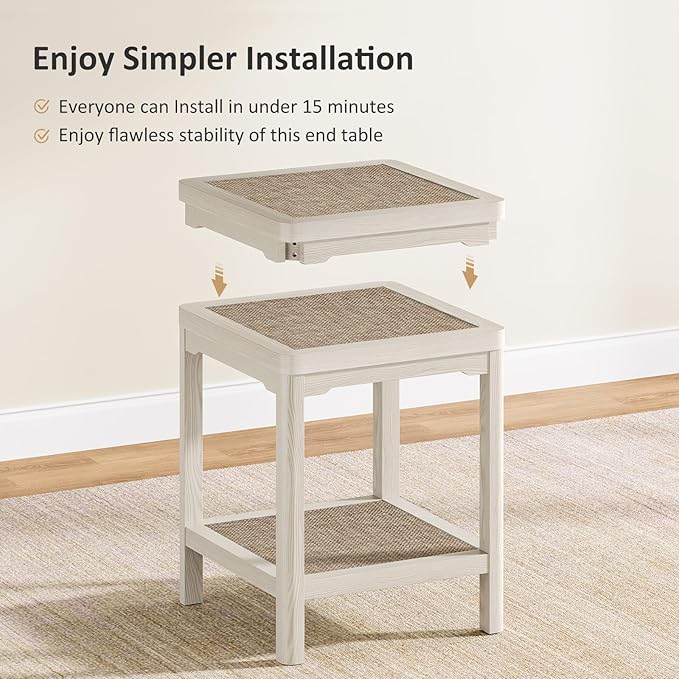 Eclatara Rattan End Table, Farmhouse Square Nightstand for Bedroom, Accent Side Table wtih Protective Round Edge and Ultra-Thick Stable Legs, Creamy White