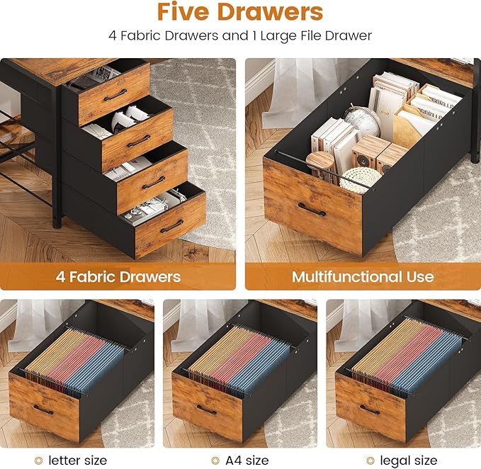 SEDETA Home Office Desk with File Drawer & Power Outlet, 75'' Large Computer Desk with 5 Drawer, Storage Shelves, Monitor Shelf and Led Lights, 23.6" W Desktop Gaming Desk, Rustic Brown
