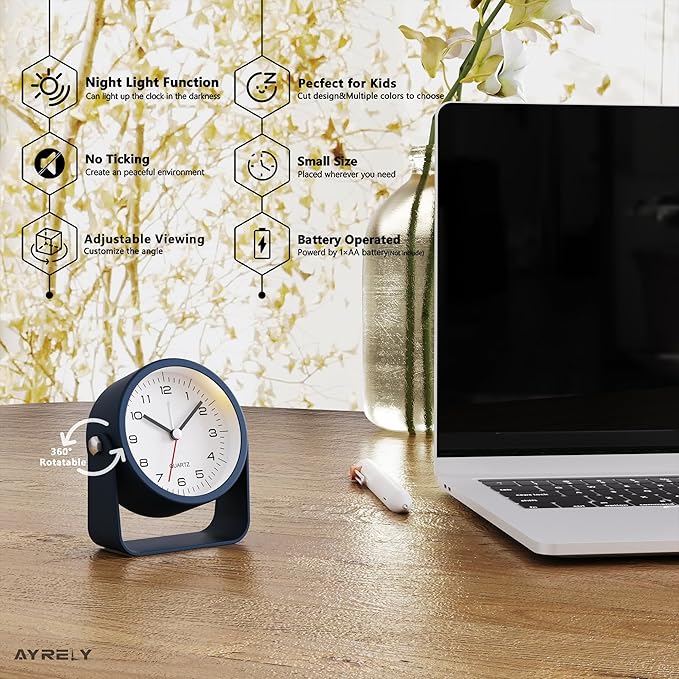 AYRELY® 3.5 Inch Small Analog Alarm Clocks,Battery Operated Desk Clock,Cute Table Clock with Light，Adjustable Angle for Travel,Bedside,Bedroom,Kids,Living Room Decor(Navy Blue)