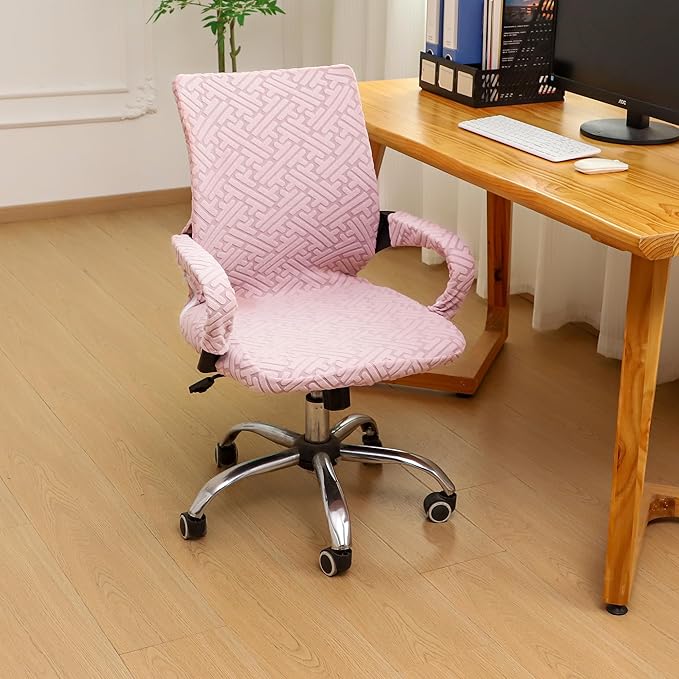 Pink Office Chair Cover with Armrest Cover 18Inch Wide Stretch Jacquard Small Desk Computer Chair Covers with Long Zipper Arm Slipcovers Washable