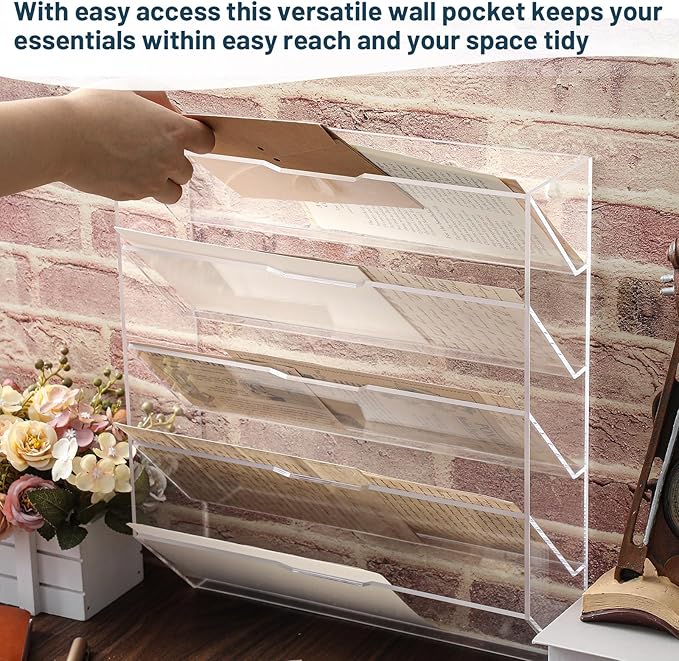 Chunful 5 Tier Mail Sorter Letter Wall Holder Clear Acrylic Wall Mounted Mail Organizer Hanging File Envelope Pocket Plastic Mount Document Holder for Home Office Entryway