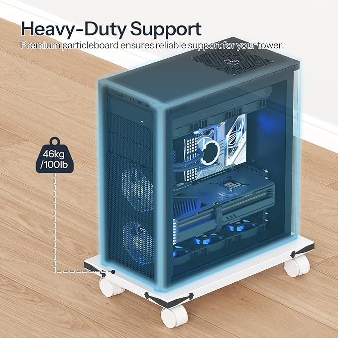 HOOBRO Mobile PC Stand, Ventilated Computer Tower Stand, PC Tower Holder with 4 Caster Wheels, CPU Holder Under Desk Fits Most Computer, for Office, Gamers, White WT46CJ01
