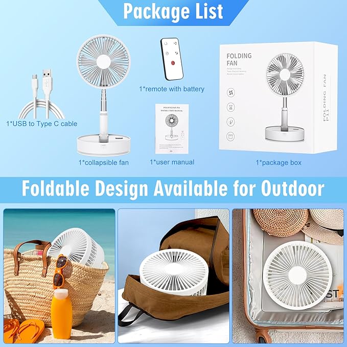 LIPETY Portable Foldable Rechargeable Oscillating Fan - 8.6" 7200mah Battery Operated USB C Small Fan Remote, Quiet Table Desk Fan Folding Standing Pedestal Fan for Rome Office Camping Travel