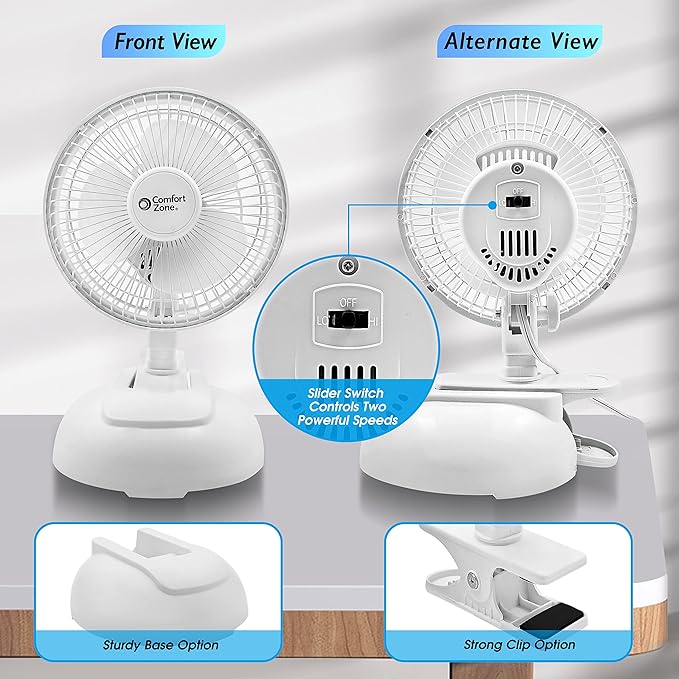 Comfort Zone CZ6XMWT 6” 2-Speed Combo Clip or Desk Fan with Removable Base, Strong Clamp for Firm Grip, Suitable for Bedroom, Office, or Dorm Room, White