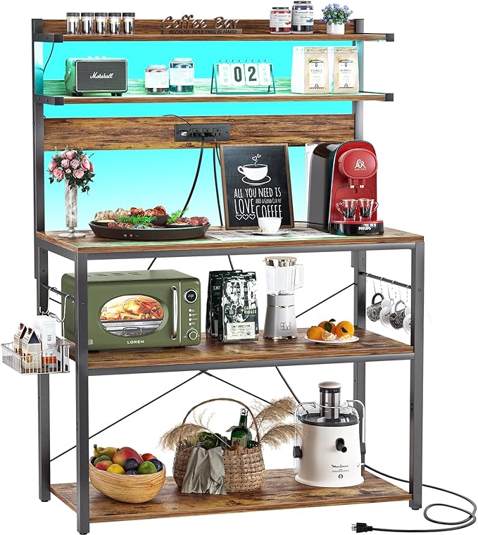 Aheaplus Bakers Rack with Power Outlet, Microwave Stand, 5 Tiers Coffee Bar Station with Led Lights, Kitchen Storage Shelf with 6 S-shaped Hooks, Kitchen Rack Coffee Bar Stand, Rustic Brown
