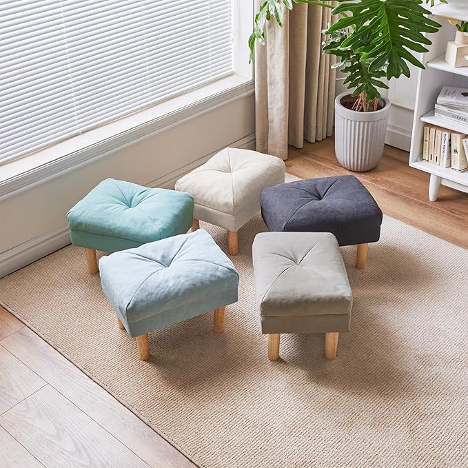 YMYNY 15.75" Small Foot Stool Ottoman, Footrest with Sponge Soft Padded Seat, Cotton-Linen Blend Fabric Footstool for Sofa, Bedroom, Living Room, Entryway, Solid Wood Legs, Dark Grey UHBD023BG
