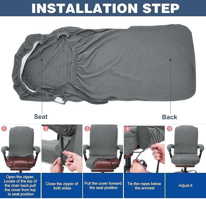 NeColorLife Office Chair Cover,Computer Seat Cover with Armrest Covers, Stretchable Jacquard Desk Chair Slipcover for High-Back Rotating(Large Size,Grey)